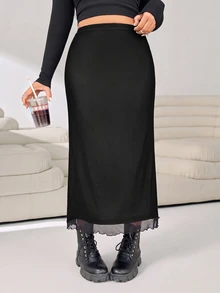 Solflare Plus Size Solid Color Minimalist Fitted Skirt, Casual Daily Wear Fall - Black - View 1