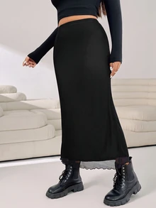 Solflare Plus Size Solid Color Minimalist Fitted Skirt, Casual Daily Wear Fall - Black - View 3
