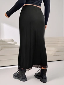 Solflare Plus Size Solid Color Minimalist Fitted Skirt, Casual Daily Wear Fall - Black - View 2