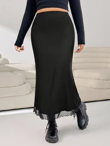 Solflare Plus Size Solid Color Minimalist Fitted Skirt, Casual Daily Wear Fall - Black - View 5