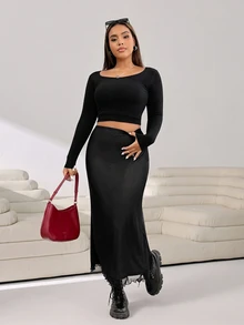 Solflare Plus Size Solid Color Minimalist Fitted Skirt, Casual Daily Wear Fall - Black - View 6