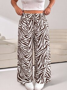 Solflare Plus Size Brown Zebra Print Casual Knotted Straight Leg Pants - Chocolate Brown - View 1