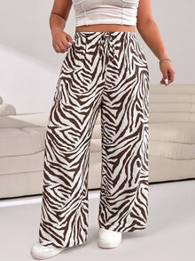 Solflare Plus Size Brown Zebra Print Casual Knotted Straight Leg Pants - Chocolate Brown - View 3