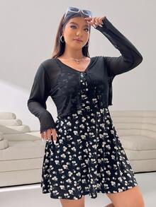 Solflare Women's Plus Size Summer Floral Print Dress With Sheer Cardigan, 2pcs Set Fall - Black - View 3