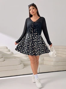 Solflare Women's Plus Size Summer Floral Print Dress With Sheer Cardigan, 2pcs Set Fall - Black - View 5