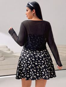Solflare Women's Plus Size Summer Floral Print Dress With Sheer Cardigan, 2pcs Set Fall - Black - View 2