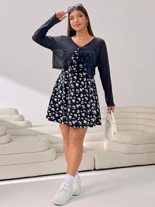 Solflare Women's Plus Size Summer Floral Print Dress With Sheer Cardigan, 2pcs Set Fall - Black - View 7