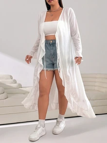 Solflare Plus Size Women's Casual Vacation Minimalist Solid Color Ruffle Sleeve Semi-Sheer Extra Long Jacket, Suitable For Spring, Summer, Autumn - White - View 5