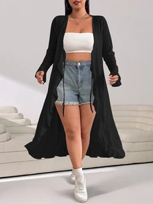 Solflare Plus Size Women Casual Solid Color Bell Sleeve Front Tie Ruffle Trim Long Cardigan,Back To School Winter Fall Autumn - Black - View 6