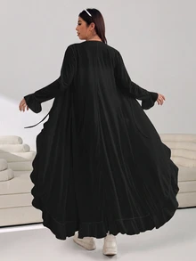 Solflare Plus Size Women Casual Solid Color Bell Sleeve Front Tie Ruffle Trim Long Cardigan,Back To School Winter Fall Autumn - Black - View 2