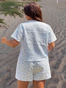 GalTyme 大码女式夏季沙滩度假提花短袖系带上衣和短裤两件套 - 藍色 - 查看 2