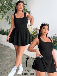 GalTyme Mono sin mangas de talla grande para mujer, de unicolor con bolsillos, conjunto de una sola pieza - Negro - Ver 2