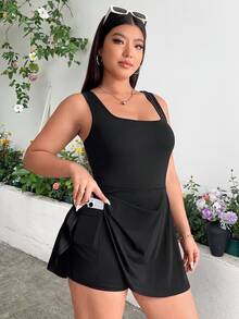 GalTyme Mono sin mangas de talla grande para mujer, de unicolor con bolsillos, conjunto de una sola pieza - Negro - Ver 4