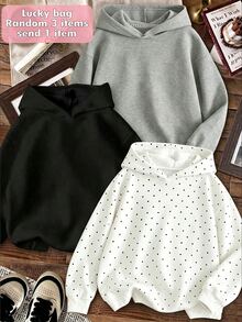 女童休閒簡約純色黑白波點連帽衛衣 長袖寬鬆短版運動上衣 日常基礎校園秋季款 - 彩色 - 查看 2