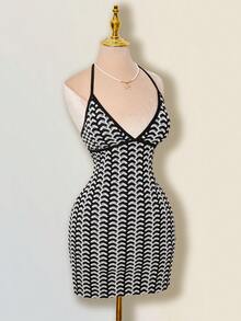 SHEIN ICON 女士彩色提花针织撞色罗纹饰边露背吊带深V迷你沙滩裙 - 黑與白 - 查看 7