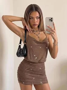 SHEIN ICON Women's Plunging Neck Sexy Fashion Sequin Mini Halter Dress Brown Rhinestone Dress - Multicolor - View 1