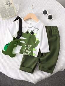 SHEIN Infant Boy Cute Cartoon Crocodile Print Long Sleeve Top And Pants 2-Piece Set, Suitable For All Seasons, Casual Wear Without Bags - White - View 3