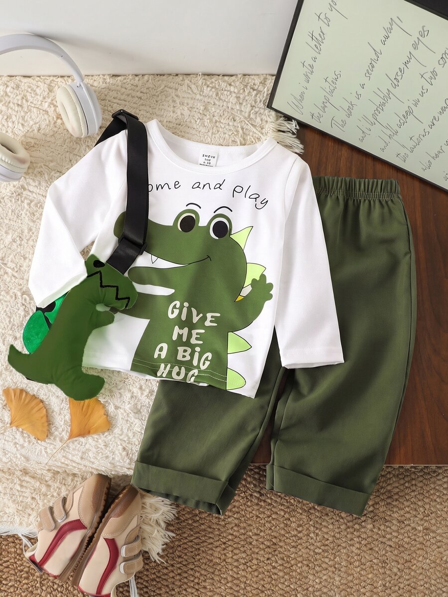 SHEIN Infant Boy Cute Cartoon Crocodile Print Long Sleeve Top And Pants 2-Piece Set, Suitable For All Seasons, Casual Wear Without Bags - White - View 1