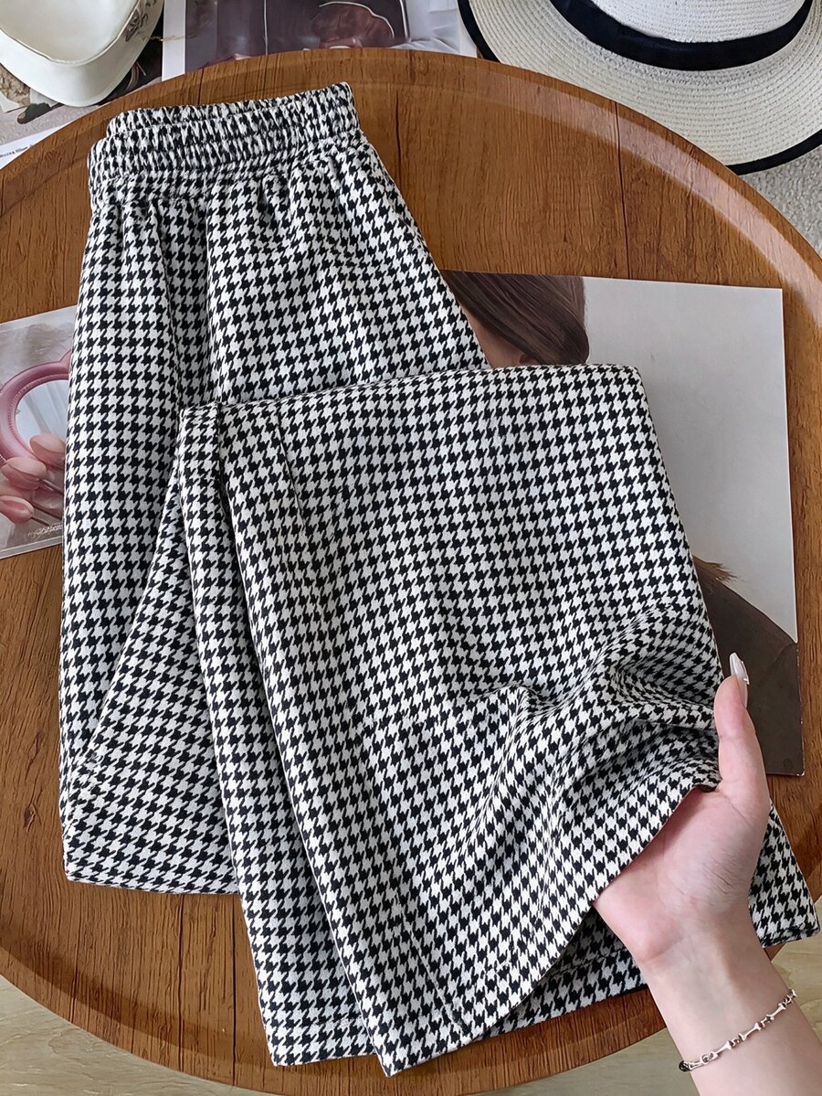Faunlyn 女款休閒通勤千鳥格直筒長褲 - 黑與白 - 查看 1