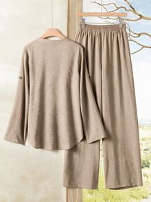 Faunlyn Women's Solid Color V-Neck Top And Long Pants Casual Daily Set - Khaki - View 2