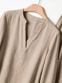 Faunlyn Women's Solid Color V-Neck Top And Long Pants Casual Daily Set - Khaki - View 5
