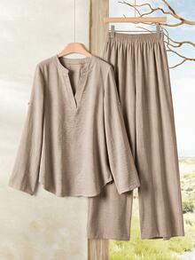 Faunlyn Women's Solid Color V-Neck Top And Long Pants Casual Daily Set - Khaki - View 4