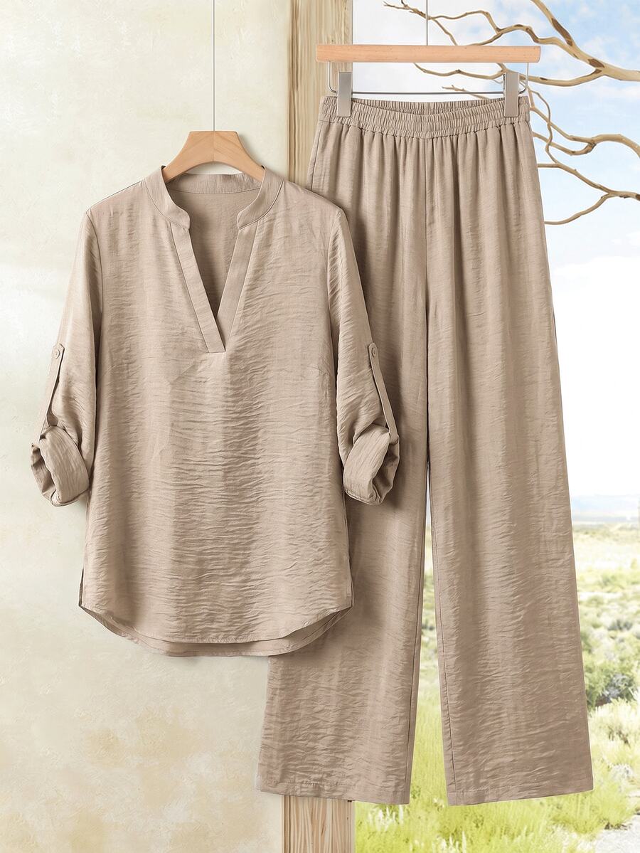 Faunlyn Women's Solid Color V-Neck Top And Long Pants Casual Daily Set - Khaki - View 1