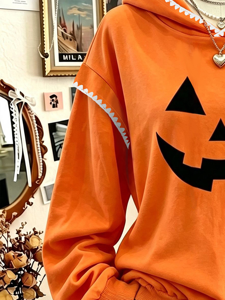 Lalippa Women's Outerwear Top, Pumpkin, Halloween, Skull, Holiday Outfit, Street Photography, Autumn/Winter New Style, Pattern, Orange, Women's Hooded Long Sleeve Sweatshirt - Grey - View 5
