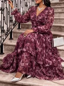 Fleurora Plus Size Elegant Commuter Butterfly Print Dress Formal Cocktail Evening Pink Floral Autumn Fall - Burgundy - View 1