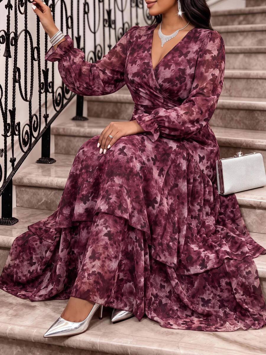 Fleurora Plus Size Elegant Commuter Butterfly Print Dress Formal Cocktail Evening Pink Floral Autumn Fall - Burgundy - View 1
