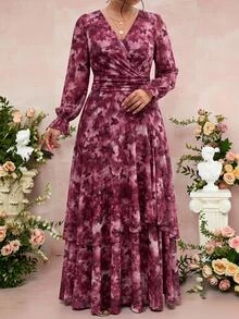 Fleurora Plus Size Elegant Commuter Butterfly Print Dress Formal Cocktail Evening Pink Floral Autumn Fall - Burgundy - View 5