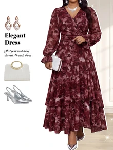 Fleurora Plus Size Elegant Commuter Butterfly Print Dress Formal Cocktail Evening Pink Floral Autumn Fall - Burgundy - View 6
