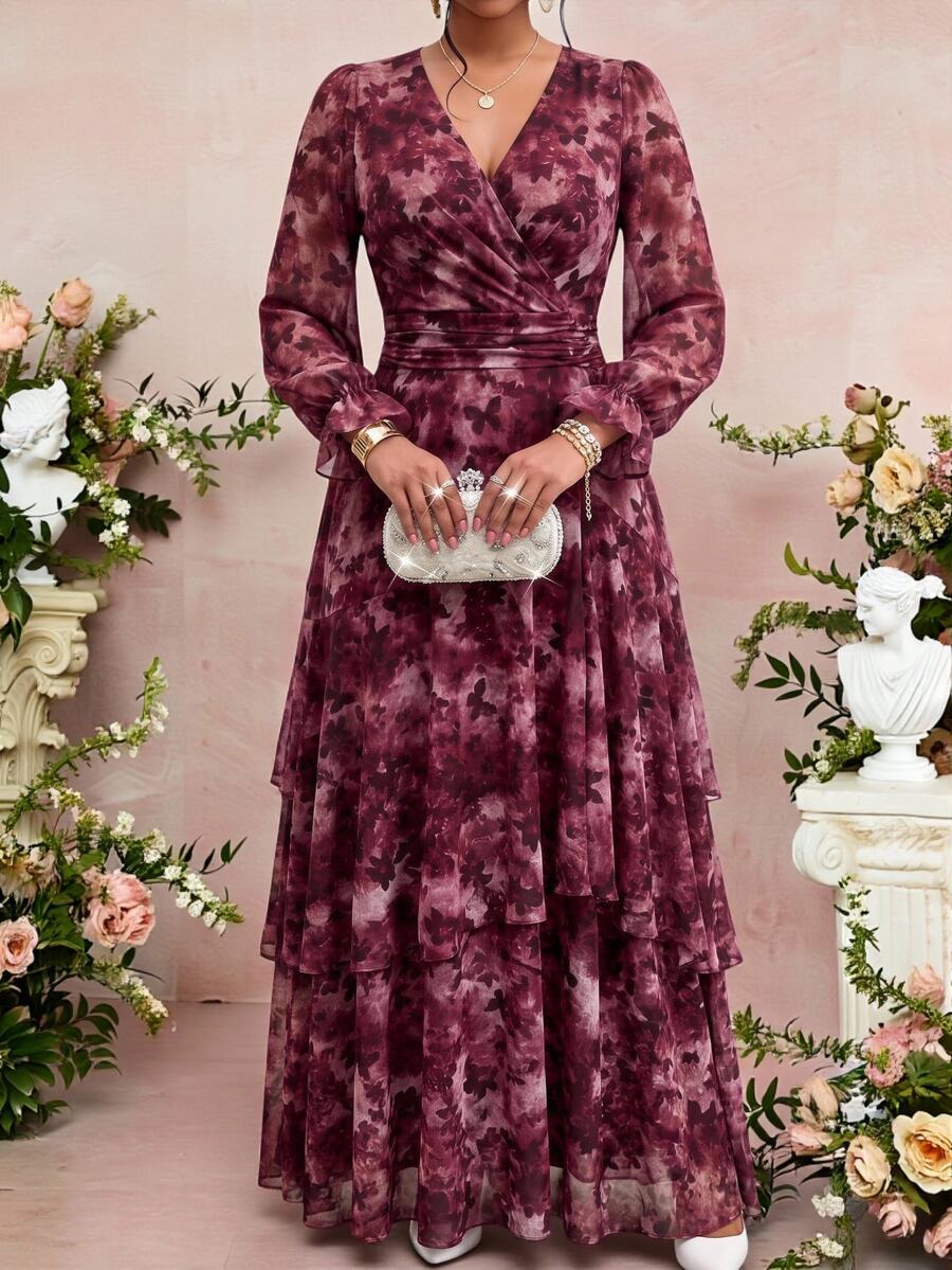 Fleurora Plus Size Elegant Commuter Formal Dinner Butterfly Print Dress Cocktail Evening Burgundy Floral Autumn Wedding - Burgundy - View 1