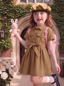 SHEIN Genkimix Kids 小女童翻蓋細節腰帶襯衫連衣裙和配件帽不附帶包 - 卡其色 - 查看 7