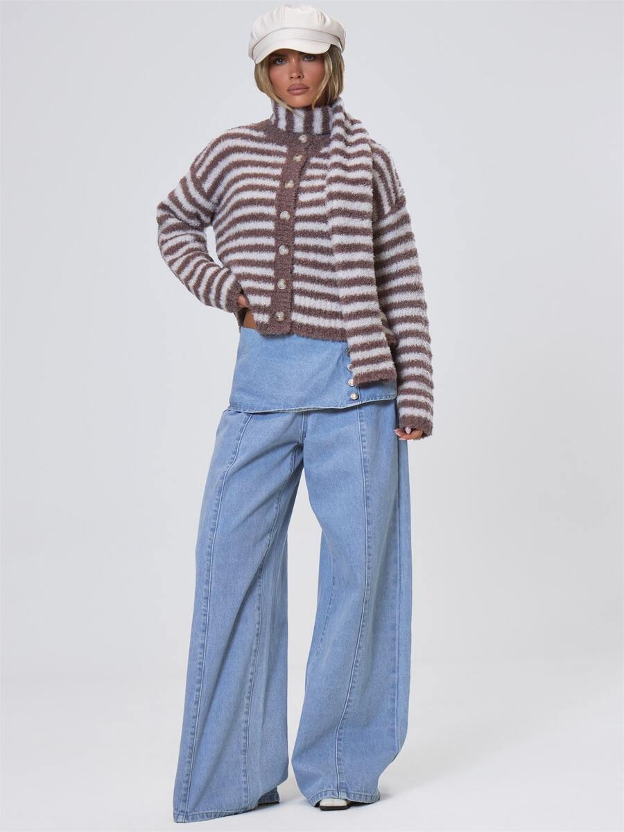 MUSERA Striped Button Up Crew Neck Cardigan With Matching Scarf Fall Autumn Winter Coolgirl Back To School Holiday Fudge - Multicolor - View 1