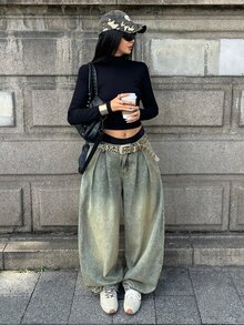 StreetHx Fashion Casual Street Style Pleated Camouflage Low Waist Ultra Wide Leg Denim Jeans - Medium Wash - View 3