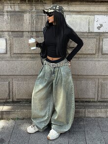StreetHx Fashion Casual Street Style Pleated Camouflage Low Waist Ultra Wide Leg Denim Jeans - Medium Wash - View 5