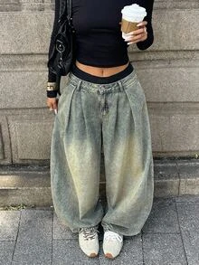 StreetHx Fashion Casual Street Style Pleated Camouflage Low Waist Ultra Wide Leg Denim Jeans - Medium Wash - View 7