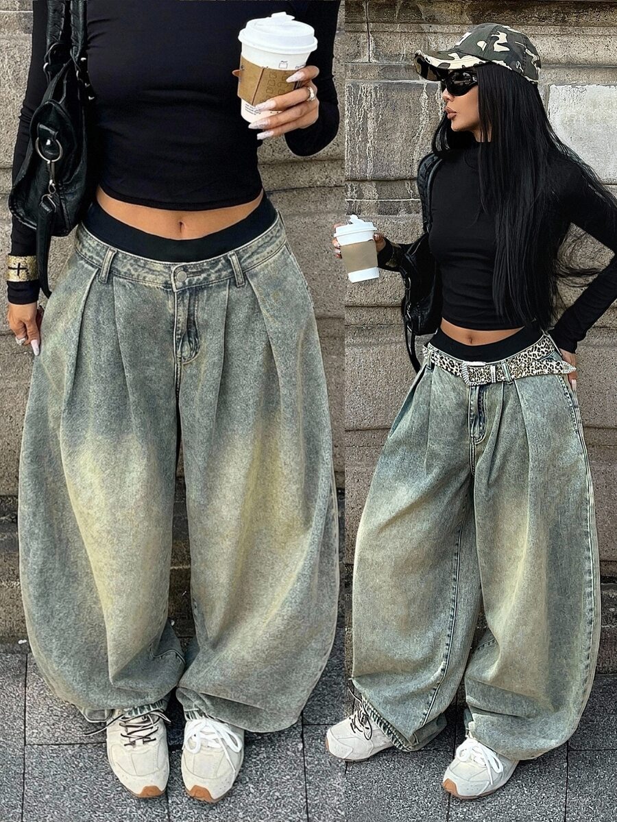 StreetHx Fashion Casual Street Style Pleated Camouflage Low Waist Ultra Wide Leg Denim Jeans - Medium Wash - View 1