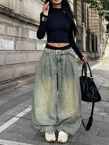 StreetHx Fashion Casual Street Style Pleated Camouflage Low Waist Ultra Wide Leg Denim Jeans - Medium Wash - View 6