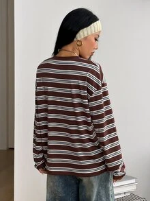 DRPCRD Women's Men's Fall Going Out Everyday Casual Preppy Homecoming Button Down Round Neck Oversized Long Sleeve T-Shirt Brown Striped - Multicolor - View 9