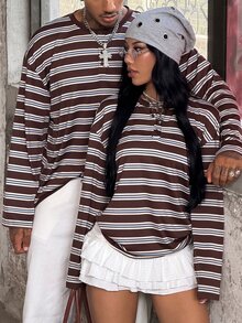 DRPCRD Women's Men's Fall Going Out Everyday Casual Preppy Homecoming Button Down Round Neck Oversized Long Sleeve T-Shirt Brown Striped - Multicolor - View 1