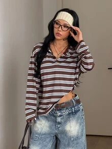 DRPCRD Women's Men's Fall Going Out Everyday Casual Preppy Homecoming Button Down Round Neck Oversized Long Sleeve T-Shirt Brown Striped - Multicolor - View 7