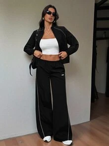 SHEIN Tall 女款拼色拉鍊長袖上衣與長褲休閒日常兩件套 - 黑色 - 查看 7