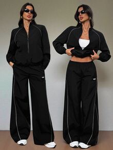 SHEIN Tall 女款拼色拉鍊長袖上衣與長褲休閒日常兩件套 - 黑色 - 查看 5