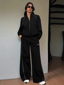 SHEIN Tall 女款拼色拉鍊長袖上衣與長褲休閒日常兩件套 - 黑色 - 查看 4