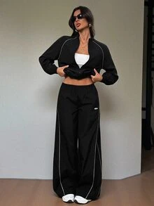 SHEIN Tall 女款拼色拉鍊長袖上衣與長褲休閒日常兩件套 - 黑色 - 查看 9