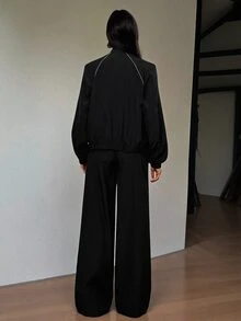 SHEIN Tall 女款拼色拉鍊長袖上衣與長褲休閒日常兩件套 - 黑色 - 查看 2