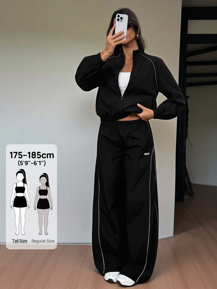 SHEIN Tall 女款拼色拉鍊長袖上衣與長褲休閒日常兩件套 - 黑色 - 查看 1