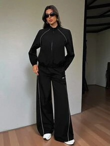 SHEIN Tall 女款拼色拉鍊長袖上衣與長褲休閒日常兩件套 - 黑色 - 查看 8